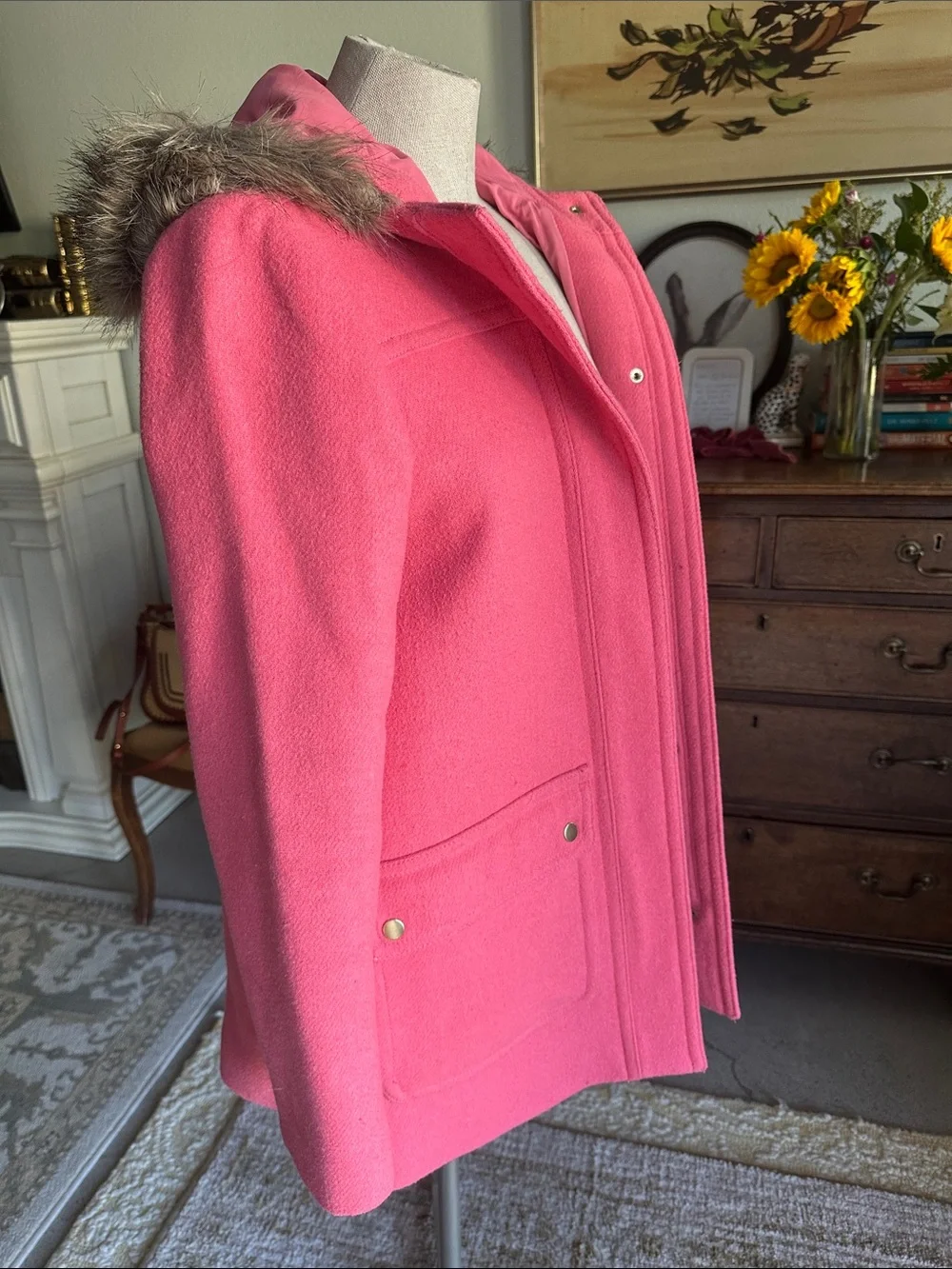 J. Crew Pink Hooded Wool-Blend Trench Coat with Faux Fur Trim
